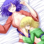  2girls blonde_hair blue_hair female moriya_suwako multiple_girls open_clothes open_shirt shirt sleeping touhou yasaka_kanako 