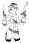  1girl ;p belt bra breasts cleavage dual_wielding gun handgun jacket large_breasts lingerie monochrome nekonoji one_eye_closed open_clothes open_shirt pistol shirt solo suspenders tensugi_takashi thigh-highs tongue tongue_out underwear weapon wink 