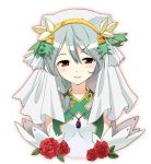  1girl blush dorothy_(rf2) flower gem hair_ornament hairclip jewelry long_hair looking_at_viewer necklace pendant red_eyes red_rose rose rune_factory rune_factory_2 sazame silver_hair simple_background solo veil white_background 