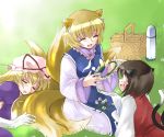  3girls animal_ears blonde_hair blush_stickers bow brown_hair cat_ears cat_tail chen closed_eyes coco_(artist) dress female flower food fox_ears fox_tail hat hat_ribbon hug long_hair multiple_girls multiple_tails no_hat open_mouth outdoors picnic picnic_basket ribbon short_hair short_sleeves sitting sleeping smile tail tail_hug thermos touhou twintails yakumo_ran yakumo_yukari 