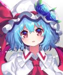  1girl :d ascot bat_wings blue_flower blue_hair blue_rose commentary_request dress flower grey_background hat highres light_blush looking_at_viewer mob_cap open_mouth red_eyes red_neckwear remilia_scarlet rose short_hair simple_background smile solo touhou upper_body white_dress wings yuujin_(yuzinn333) 