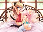  2girls animal_ears bad_id bed blonde_hair blue_eyes breasts camisole cat_ears cat_tail cleavage lingerie multiple_girls original panties pillow pink_hair rabbit_ears red_eyes ringo_ame tail thigh-highs underwear window 