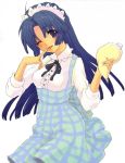  1girl ahoge asakura_ryouko blue_hair blush breasts dress finger_to_mouth large_breasts long_hair looking_at_viewer maid_headdress one_eye_closed pastry pastry_bag simple_background solo suzumiya_haruhi_no_yuuutsu tomako tongue tongue_out violet_eyes white_background 