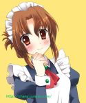  1girl blush brown_eyes brown_hair chany clenched_hand folded_ponytail hand_on_own_chin hayate_no_gotoku! juliet_sleeves long_sleeves lowres maid maid_headdress maria_(hayate_no_gotoku!) puffy_sleeves short_hair sidelocks simple_background smile solo upper_body watermark yellow_background 