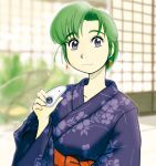  1girl camera green_hair hatsuseno_alpha japanese_clothes kimono solo violet_eyes yokohama_kaidashi_kikou yukata 