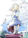  1girl blonde_hair blue_dress blue_sky clouds day dress female from_behind full_body hand_on_hip holding log long_hair moriya_suwako oekaki outdoors path puffy_short_sleeves puffy_sleeves road sakuraba_yuuki shoe_soles shoes short_sleeves sky solo standing touhou 