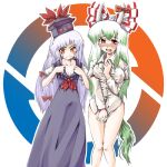  2girls blush bow breast_envy breasts cosplay costume_switch covering covering_crotch embarrassed erect_nipples ex-keine female fujiwara_no_mokou fujiwara_no_mokou_(cosplay) gengorou green_hair hair_bow hat horn_ribbon horns kamishirasawa_keine kamishirasawa_keine_(cosplay) large_breasts long_hair medium_breasts multiple_girls naked_shirt orange_eyes red_eyes ribbon shirt shirt_tug silver_hair tears touhou 