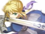 1girl armor blonde_hair caliburn fate/stay_night fate_(series) gauntlets gradient gradient_background green_eyes hair_ribbon nina_(pastime) ribbon saber solo sword wallpaper weapon 