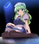  1girl alternate_costume blush enmaided female green_eyes green_hair kneeling kochiya_sanae maid solo thigh-highs touhou yamaguchi_takashi yamaguchi_yuu 