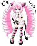  1girl arm_strap bangs bare_shoulders black_legwear blush_stickers breasts buckle crop_top demon_girl demon_tail drill_hair esmerelda fang_out fangs full_body green_eyes hand_on_hip long_hair looking_at_viewer mary_janes midriff miniskirt necktie pink_hair pink_legwear pointy_ears saint_october shoes sideboob skirt small_breasts solo standing striped striped_legwear tail thigh-highs twin_drills very_long_hair wrist_cuffs zettai_ryouiki 