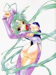  00s 1girl armpits ass breasts cleavage collar dears green_hair highres large_breasts looking_back red_eyes ren_(dears) solo wide_hips 