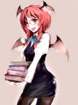  1girl alternate_hairstyle bat_wings bespectacled black_legwear book braid fang female glasses head_wings koakuma nokishita pantyhose redhead solo the_embodiment_of_scarlet_devil touhou twin_braids wings 