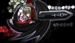  1girl black_wings blonde_hair ex-rumia female hair_ribbon red_eyes red_ribbon ribbon rumia shirt short_hair solo sword the_embodiment_of_scarlet_devil touhou weapon white_shirt wings youkai 