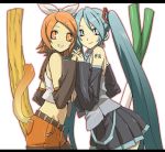  2girls alternate_color alternate_eye_color alternate_hair_color aqua_eyes aqua_hair bad_id detached_sleeves fujii_toshiaki grin hands_clasped hatsune_miku kagamine_rin kemonomimi_mode letterboxed long_hair multiple_girls orange_eyes orange_hair smile spring_onion tail twintails very_long_hair vocaloid 