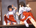  2girls blush cleaning japanese_clothes miko multiple_girls red_hakama tabi tanaka_shoutarou 