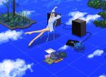  1girl blue chair clouds kawamura_rakunan kawamura_rukanan naked_shirt plant reflection shirt solo speaker stretch 
