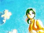  1girl ashinano_hitoshi clouds green_hair hatsuseno_alpha outdoors ponytail sky solo violet_eyes wallpaper yokohama_kaidashi_kikou 