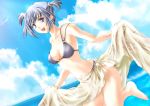  1girl barefoot bikini blue_eyes blue_hair breasts cleavage jpeg_artifacts medium_breasts sky soba_(saz) solo swimsuit 