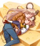  2girls age_difference animal_ears bad_id breast_grab breasts brown_eyes cheese denim food grabbing hug jeans lying medium_breasts mother_and_daughter mouse_ears multiple_girls nakamura_tetsuya on_side one_eye_closed orange_shirt pants pantyhose ribbed_sweater shirt sweater tail turtleneck wink 