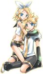  1boy 1girl blonde_hair blue_eyes brother_and_sister detached_sleeves headphones kagamine_len kagamine_rin midriff shorts siblings twins vocaloid 