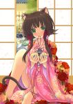  animal_ears barefoot bell blush cat_ears japanese_clothes kimono mouse mouth_hold sakurai_unan smile 