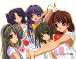  5girls :d absurdres antenna_hair clannad flower fujibayashi_kyou furukawa_nagisa hair_bobbles hair_intakes hair_ornament hairband highres ibuki_fuuko ichinose_kotomi ikeda_kazumi multiple_girls official_art open_mouth sakagami_tomoyo smile stretch two_side_up 