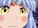  1girl banpresto blue_hair blush close-up facial_mark forehead_mark gununu horns infinite_frontier noto_mamiko oni parody seiyuu_connection solo super_robot_wars super_robot_wars_og_saga_mugen_no_frontier suzuka_hime yellow_eyes 