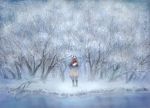  1girl aila_jyrkiainen bare_tree blank_eyes covered_mouth forest holding looking_at_viewer nature original poncho puffy_pants red_eyes river short_hair snow snowball solo tree water winter 