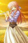  1girl closed_eyes flute game_cg grass instrument kiba_satoshi long_hair ouuta_chiaki pink_hair puchi_cherry_~anata_to_iru_kisetsu~ sakana solo 