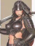  1girl ;) armor bikini_armor blush breastplate breasts brown_eyes brown_hair chainmail crop_top erect_nipples eyelashes faulds full_armor gloves hand_on_hip helmet hips impossible_clothes japanese_armor kabuto kote large_breasts lips lipstick looking_at_viewer makeup midriff navel one_eye_closed original profile samurai scan short_hair simple_background smile solo spaulders sword tsukasa_jun upper_body weapon wink 