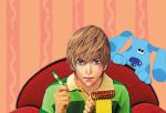  1boy blue blue&#039;s_clues blue_(blue&#039;s_clues) couch crayon crossover death_note dog lowres male_focus notebook parody photoshop red_upholstery solo steve_(blue&#039;s_clues) upper_body yagami_light 