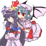  2girls bat_wings bespectacled blue_hair blush_stickers book fang female glasses hair_ribbon korean long_hair lowres multiple_girls patchouli_knowledge purple_hair remilia_scarlet ribbon the_embodiment_of_scarlet_devil touhou very_long_hair wings 