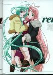  00s 2girls absurdres ass breast_grab breasts dears grabbing green_eyes green_hair groping hand_on_ass highres len long_hair miniskirt miu miu_(dears) multiple_girls pink_hair red_eyes ren_(dears) scan skirt yuri 