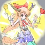  1girl ball bare_shoulders blue_skirt bow bowtie brown_eyes chains clenched_hands cuffs female hair_bow horns ibuki_suika long_hair looking_at_viewer low-tied_long_hair oni red_bow red_bowtie serious shackles shirt skirt solo standing tied_hair touhou white_shirt wrist_cuffs 