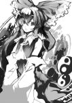  1girl bow cravat detached_sleeves female frilled_bow frills hair_between_eyes hair_bow hair_tubes hakurei_reimu japanese_clothes long_hair looking_at_viewer miko monochrome open_mouth sketch solo touhou upper_body yin_yang 