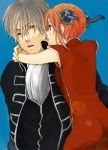  1boy 1girl arm_around_neck ascot bangs blonde_hair blue_background blue_eyes blurry bokeh bun_cover china_dress chinese_clothes depth_of_field double_bun dress gintama hair_between_eyes hetero hug jacket kagura_(gintama) looking_at_another looking_at_viewer okita_sougo open_mouth parted_lips pink_hair red_dress red_eyes short_sleeves silver_hair simple_background tassel uniform upper_body 