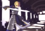  1girl ahoge armor armored_dress blonde_hair caliburn dress fate/stay_night fate_(series) faulds gauntlets green_eyes refeia saber solo sword weapon 