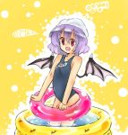  1girl :d bat_wings fang female happy innertube korean name_tag one-piece_swimsuit open_mouth pool purple_hair red_eyes remilia_scarlet school_swimsuit smile solo standing swim_cap swimsuit touhou wading wading_pool wings yellow_background 
