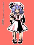  1girl bangs bat_wings blush_stickers dress eyebrows eyebrows_visible_through_hair female full_body hat hat_ribbon looking_at_viewer mob_cap pink_dress puffy_short_sleeves puffy_sleeves purple_hair red_eyes remilia_scarlet ribbon shoes short_sleeves solo standing touhou wings wrist_cuffs 