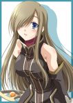  1girl bangs bare_shoulders blue_eyes blush border breasts brown_hair erect_nipples eyebrows eyebrows_visible_through_hair gloves hair_over_one_eye izumi_mahiru leaning_forward long_hair sleeveless solo staff tales_of_(series) tales_of_the_abyss tear_grants upper_body 