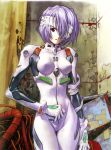 1girl ayanami_rei bandage bandage_over_one_eye bangs blue_hair bodysuit bracer breasts cable cowboy_shot eyepatch gloves hair_between_eyes highres impossible_clothes looking_at_viewer neon_genesis_evangelion number official_art pale_skin parted_lips pilot_suit plugsuit red_eyes ruins sadamoto_yoshiyuki scan short_hair signature skinny small_breasts solo thigh_gap turtleneck 