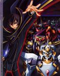  1boy arm_up black_hair cape code_geass collar expressionless geass kimura_takahiro lelouch_lamperouge long_sleeves looking_at_viewer machinery male_focus mecha military military_uniform nakata_eiji official_art outstretched_arm slender uniform violet_eyes 