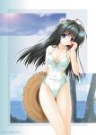  1girl artist_name black_hair blue_eyes breasts flower hair_flower hair_ornament hat kimizuka_aoi long_hair looking_at_viewer one-piece_swimsuit palm_tree photo_background sky solo straw_hat swimsuit thigh_gap tree white_swimsuit 