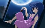  alcohol blue_hair dress drink furude_rika highres higurashi_no_naku_koro_ni long_hair moon wallpaper wine 