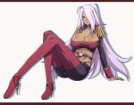  1girl bad_id breasts cleavage cleavage_cutout crop_top dragonaut fujii_toshiaki garnet_mclane high_heels huge_breasts large_breasts letterboxed long_hair shoes sitting solo thigh-highs 