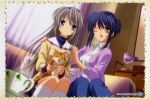  2girls :d brown_hair clannad cowboy_shot cup curtains desk_lamp dutch_angle gem jewelry kneehighs lamp long_hair long_sleeves looking_at_viewer multiple_girls necklace official_art open_mouth pendant sagara_misae sakagami_tomoyo shelf sidelocks sitting smile teacup very_long_hair violet_eyes white_legwear wink winter_uniform 