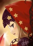  1girl blonde_hair blush brown_eyes chains close-up face gem hood lipstick long_hair looking_at_viewer looking_back makeup naughty_face odin_sphere okara profile signature smile solo star velvet_(odin_sphere) violet_eyes 
