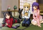  3girls black_legwear blouse duplicate fate/stay_night fate_(series) game_console jpeg_artifacts long_legs matou_sakura multiple_girls pantyhose playing_games playstation playstation_2 saber stuffed_animal stuffed_toy tatami thigh-highs tohsaka_rin video_game 