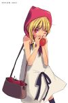  1girl apple bag blonde_hair dress food fruit holding holding_fruit hood red_eyes shoulder_bag solo vofan 