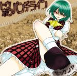 1girl ascot crossed_arms female green_hair kazami_yuuka loafers naughty_face perspective plaid plaid_skirt plaid_vest red_eyes shoes short_hair sitting skirt skirt_set solo touhou youkai 